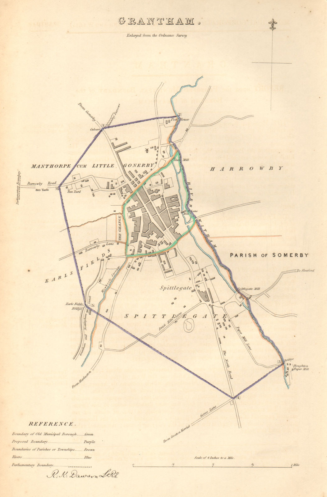 GRANTHAM borough/town plan. BOUNDARY COMMISSION. Lincolnshire. DAWSON 1837 map